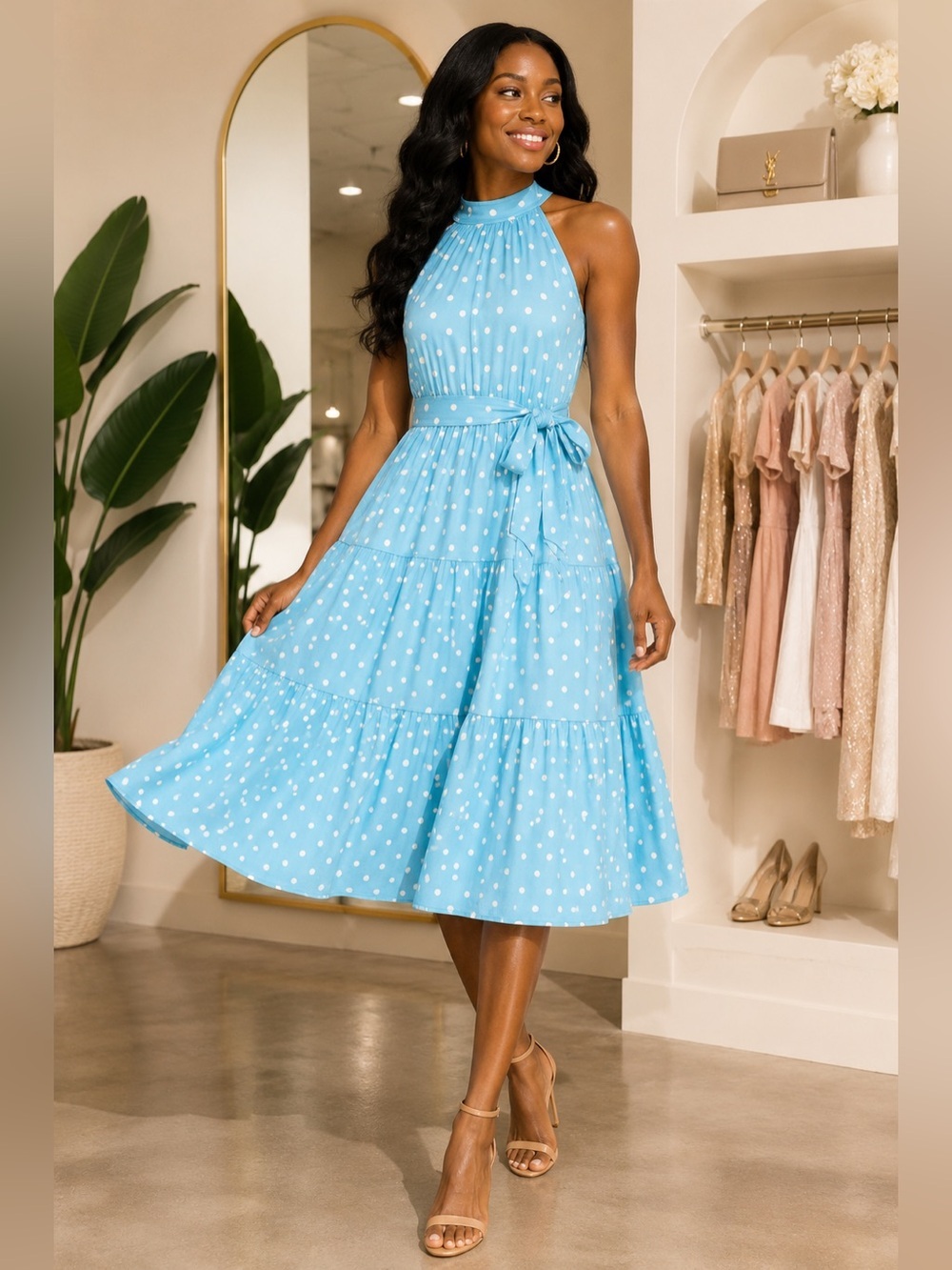Aqua Blue Polka Dot Halter Midi Dress Tiered Waist Tie Dress Elegant Summer